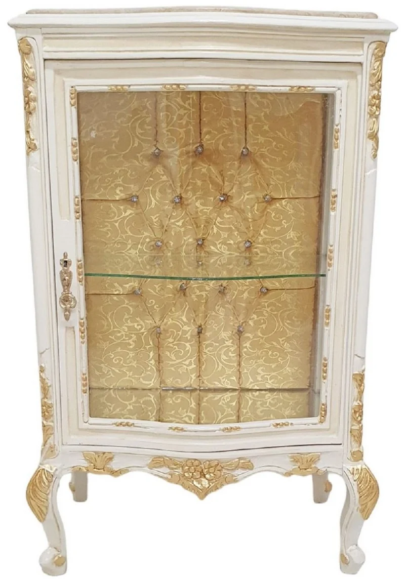 Casa Padrino Barock Vitrine Weiß / Creme / Gold - Handgefertigter Massivholz Vitrinenschrank mit Glitzersteinen und Marmorplatte - Wohnzimmer Möbel im Barockstil - Barock Möbel