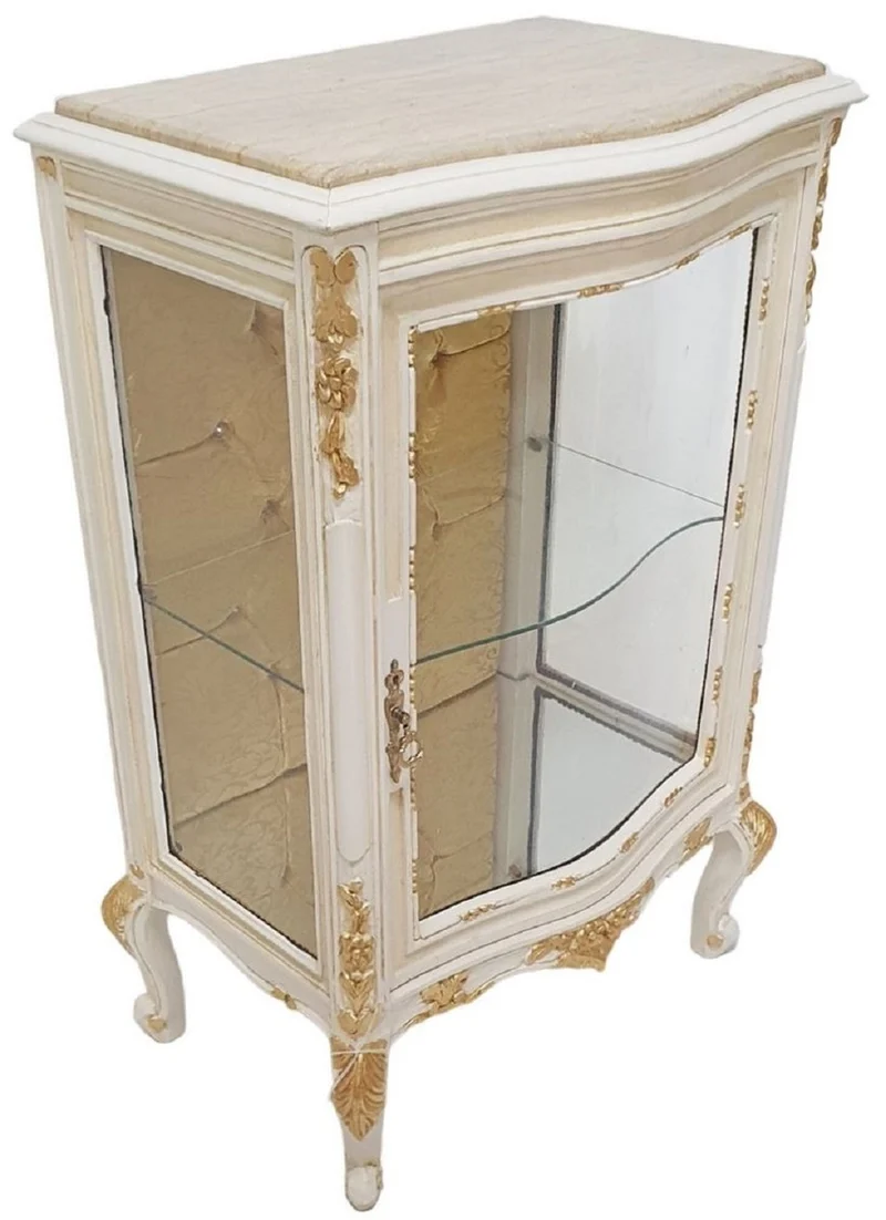 Casa Padrino Barock Vitrine Weiß / Creme / Gold - Handgefertigter Massivholz Vitrinenschrank mit Glitzersteinen und Marmorplatte - Wohnzimmer Möbel im Barockstil - Barock Möbel