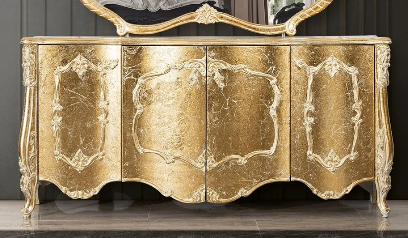 Casa Padrino Luxus Barock Sideboard Antik Gold - Barockstil Massivholz Schrank mit 4 Türen - Luxus Esszimmer Möbel im Barockstil - Barock Esszimmer Möbel - Barock Küchen Möbel