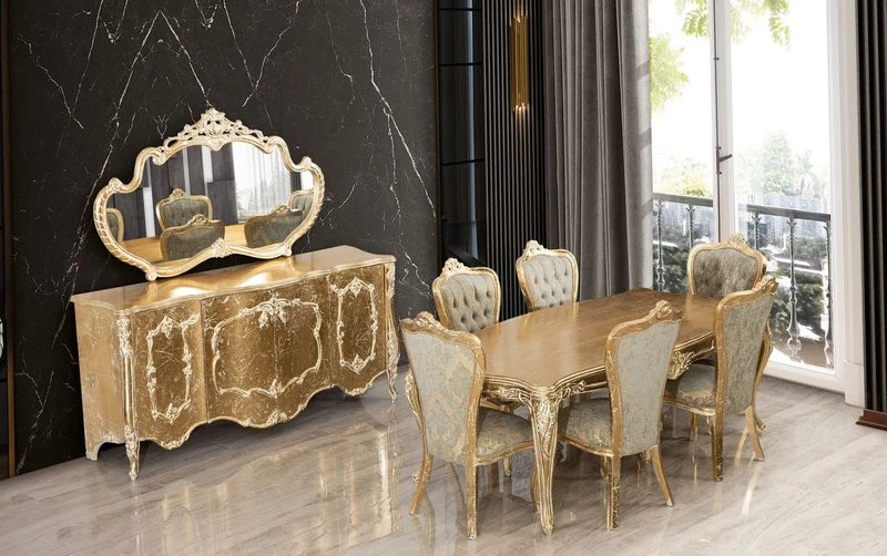 Casa Padrino Luxus Barock Esszimmer Stuhl 8er Set Grün / Antik Gold - Prunkvolle Barockstil Küchen Stühle - Luxus Barockstil Esszimmer Möbel - Barock Esszimmer Möbel - Barockstil Möbel