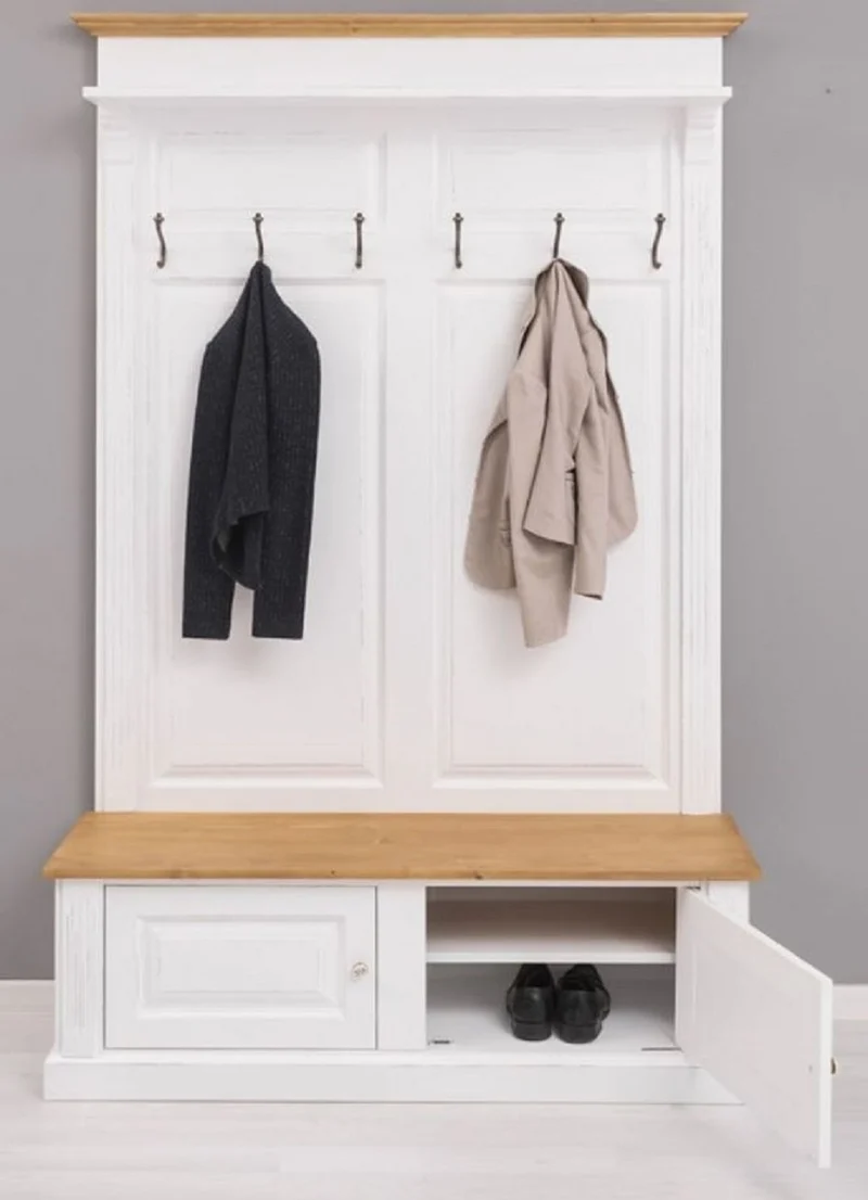 Casa Padrino Landhausstil Massivholz Garderobenschrank Weiß / Naturfarben 140 x 41 x H. 210 cm - Wand Garderobe - Flur Schrank - Flurmöbel - Garderobenmöbel - Landhausstil Möbel