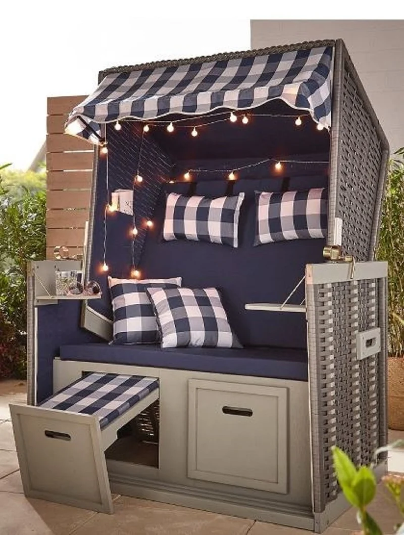 Casa Padrino Strandkorb Grau / Blau / Weiß 116 x 76 x H. 160 cm - Holz Strandkorb mit Dach und LED Beleuchtung - Garten Möbel - Pool Möbel - Outdoor Möbel