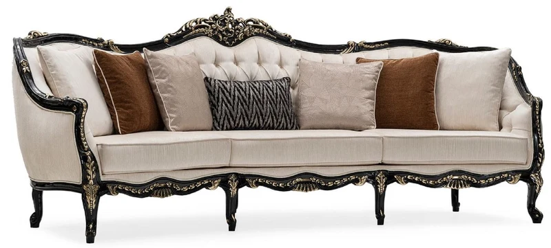 Casa Padrino Luxus Barock Wohnzimmer Set Creme / Schwarz / Gold - 2 Sofas & 2 Sessel & 1 Couchtisch & 2 Beistelltische - Handgefertigte Wohnzimmer Möbel im Barockstil - Edel & Prunkvoll