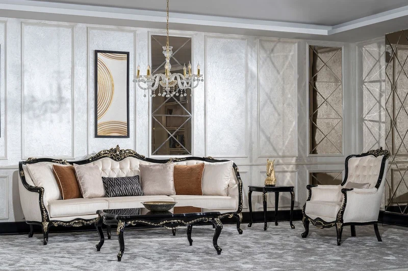 Casa Padrino Luxus Barock Wohnzimmer Set Creme / Schwarz / Gold - 2 Sofas & 2 Sessel & 1 Couchtisch & 2 Beistelltische - Handgefertigte Wohnzimmer Möbel im Barockstil - Edel & Prunkvoll