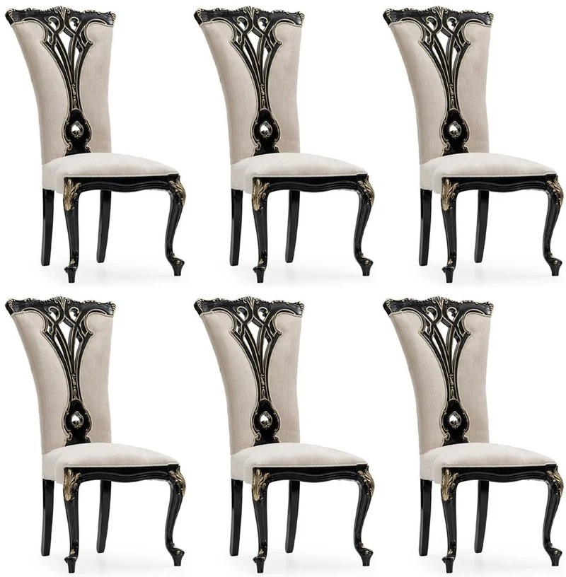 Casa Padrino Luxus Barock Esszimmer Stuhl 6er Set Creme / Schwarz / Gold - Prunkvolle Barockstil Küchen Stühle - Luxus Esszimmer Möbel im Barockstil - Barock Esszimmer Möbel - Barockstil Möbel