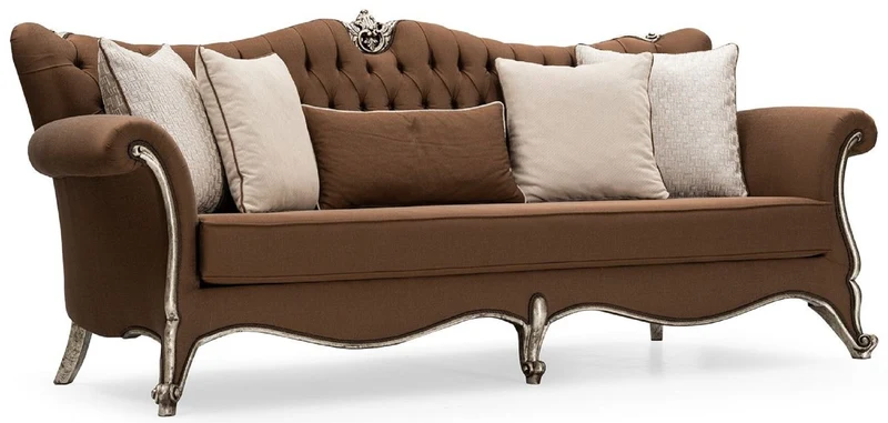 Casa Padrino Luxus Barock Wohnzimmer Sofa Braun / Antik Silber - Handgefertigtes Barockstil Sofa mit dekorativen Kissen - Luxus Wohnzimmer Möbel im Barockstil - Barock Möbel - Edel & Prunkvoll