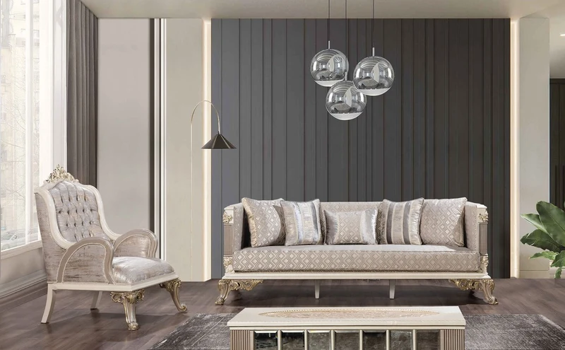 Casa Padrino Luxus Barock Wohnzimmer Set Silber / Weiß / Grau / Gold - 2 Barock Sofas & 2 Barock Sessel & 1 Barock Couchtisch - Luxus Wohnzimmer Möbel im Barockstil - Barock Möbel