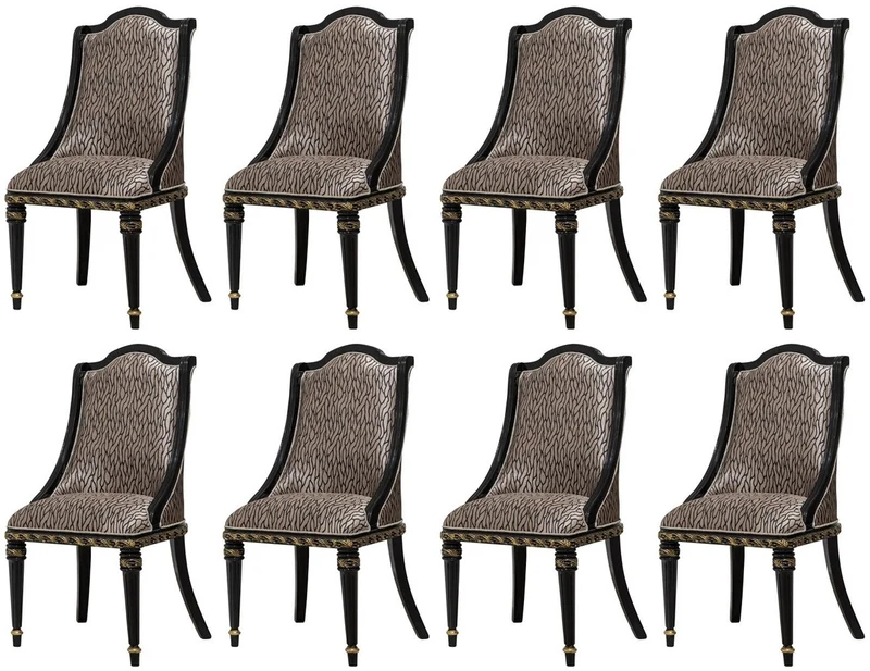Casa Padrino Luxus Barock Esszimmer Stuhl 8er Set Silber Muster / Schwarz / Gold - Prunkvolle Barockstil Küchen Stühle - Luxus Barockstil Esszimmer Möbel - Barock Esszimmer Möbel - Barockstil Möbel