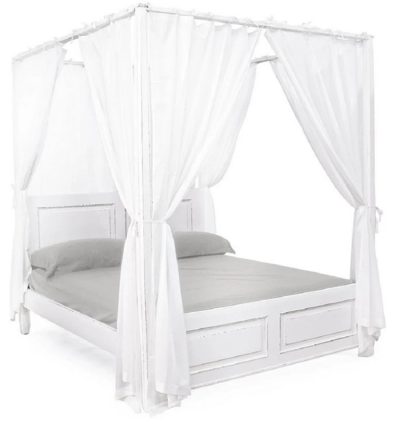 Casa Padrino Landhausstil Doppelbett Antik Weiß 175 x 209 x H. 210 cm - Massivholz Bett mit Baumwoll Vorhängen - Schlafzimmer Möbel im Landhausstil - Landhausstil Möbel
