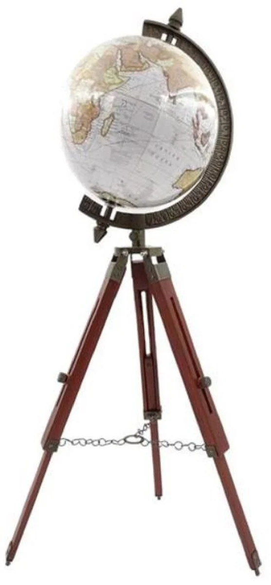 Casa Padrino Deko Globus Mehrfarbig / Braun / Antik Messing H. 78 cm - Höhenverstellbarer Globus mit Dreibein Stativ - Büro Deko - Wohnzimmer Deko - Deko Accessoires