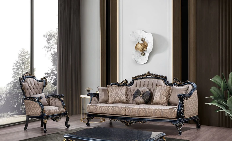 Casa Padrino Luxus Barock Sessel Grau / Blau / Gold - Prunkvoller Wohnzimmer Sessel mit elegantem Muster - Luxus Wohnzimmer Möbel im Barockstil - Barock Möbel - Barock Einrichtung