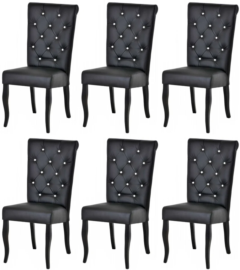Casa Padrino Chesterfield Neo Barock Esszimmer Stuhl 6er Set Schwarz / Schwarz - Kunstleder Küchenstühle mit Glitzersteinen - Esszimmer Möbel - Chesterfield Möbel - Neo Barock Möbel