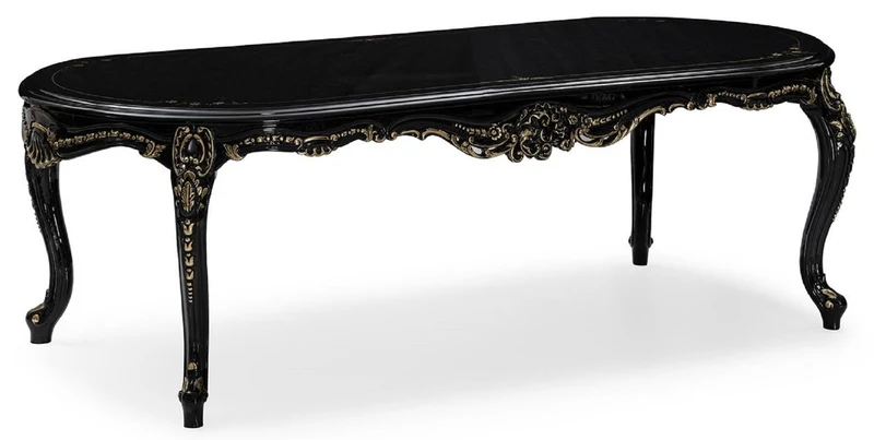 Casa Padrino Luxus Barock Esszimmer Set Creme / Schwarz / Gold - 1 Barock Esstisch & 8 Barock Esszimmerstühle - Luxus Esszimmer Möbel im Barockstil - Prunkvolle Barock Esszimmer Möbel