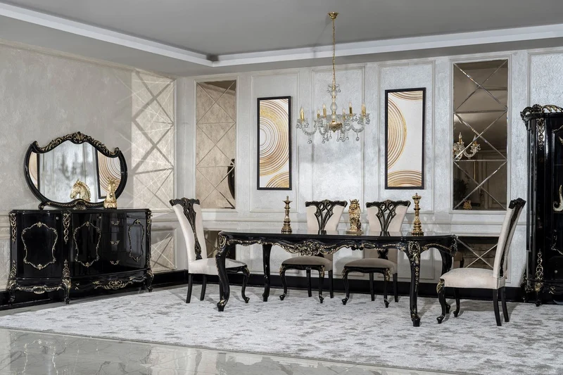 Casa Padrino Luxus Barock Esszimmer Set Creme / Schwarz / Gold - 1 Barock Esstisch & 8 Barock Esszimmerstühle - Luxus Esszimmer Möbel im Barockstil - Prunkvolle Barock Esszimmer Möbel