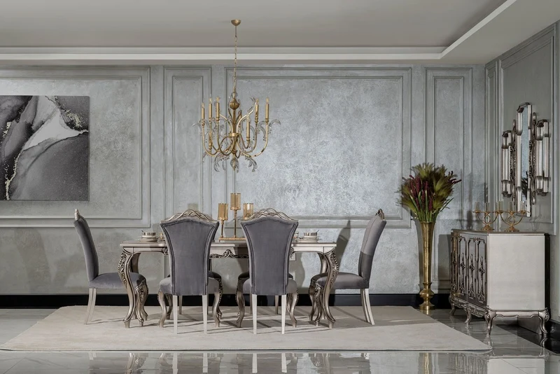 Casa Padrino Luxus Barock Esszimmer Stuhl 4er Set Grau / Silber - Prunkvolle Barockstil Küchen Stühle - Luxus Esszimmer Möbel im Barockstil - Barock Esszimmer Möbel - Barockstil Möbel