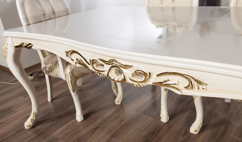 Casa Padrino Luxus Barock Esstisch Weiß / Gold - Rechteckiger Barockstil Küchentisch - Luxus Esszimmer Möbel im Barockstil - Barock Esszimmer Möbel - Barock Einrichtung