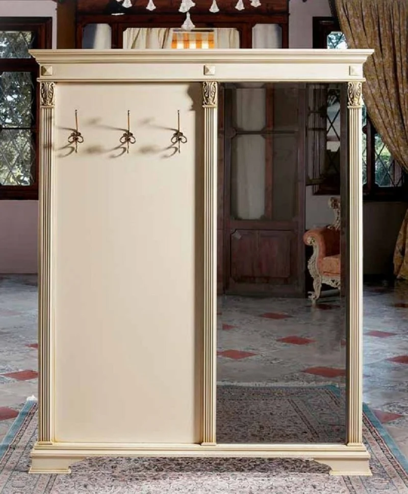 Casa Padrino Luxus Barock Garderobe mit Spiegel Creme / Gold - Massivholz Garderobe im Barockstil - Luxus Garderoben Möbel im Barockstil - Barock Möbel - Luxus Qualität - Made in Italy