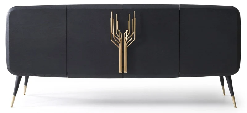 Casa Padrino Luxus Sideboard Schwarz / Antik Messing 220 x 55 x H. 98 cm - Massivholz Schrank mit 4 Türen - Esszimmer Möbel - Wohnzimmer Möbel - Hotel Möbel - Luxus Möbel