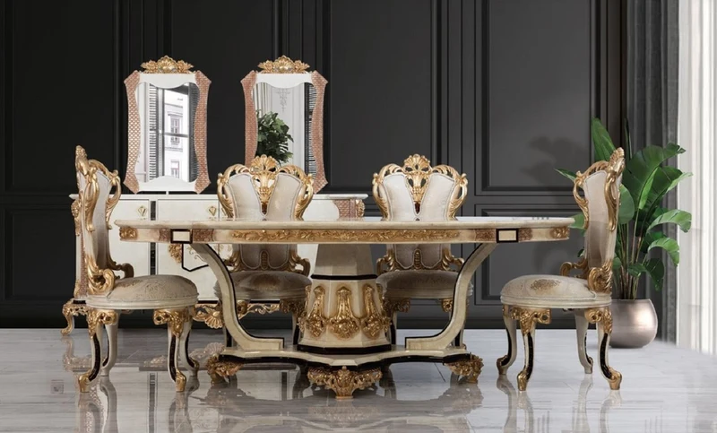Casa Padrino Luxus Barock Esstisch Creme / Beige / Schwarz / Gold - Ovaler Barockstil Küchentisch - Luxus Esszimmer Möbel im Barockstil - Barock Esszimmer Möbel - Barock Einrichtung