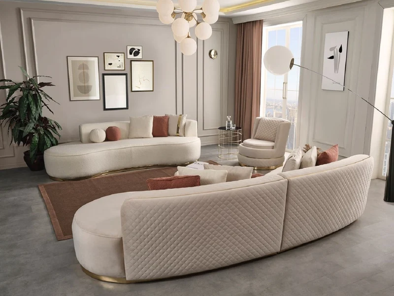 Casa Padrino Luxus Sofa Creme / Gold 270 x 120 x H. 76 cm - Gebogenes Wohnzimmer Sofa - Hotel Sofa - Wohnzimmer Möbel - Hotel Möbel - Luxus Möbel - Luxus Einrichtung - Wohnzimmer Einrichtung