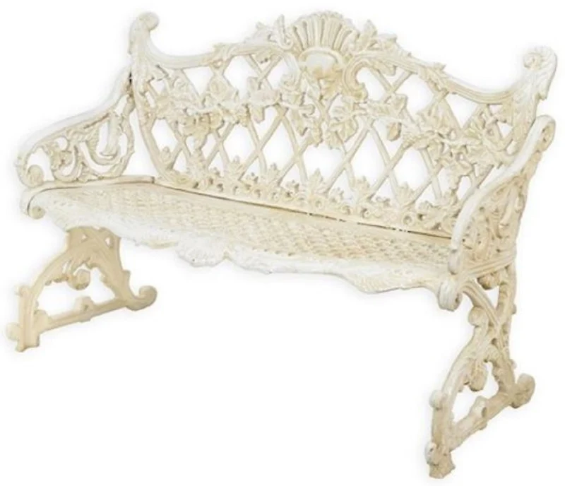 Casa Padrino Barock Gartenbank Cremeweiß 117 x H. 81,5 cm - Prunkvolle Gusseisen Garten Sitzbank - Gusseisen Gartenmöbel - Barock Garten Möbel - Garten Möbel im Barockstil