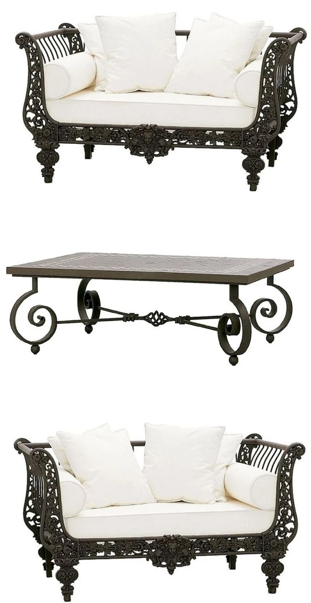 Casa Padrino Luxus Barock Schmiedeeisen Möbel Set Dunkelbraun / Weiß - 2 Luxus Sessel & 1 Luxus Couchtisch - Wohnzimmer Möbel - Garten Möbel - Hotel Möbel - Luxus Barock Möbel