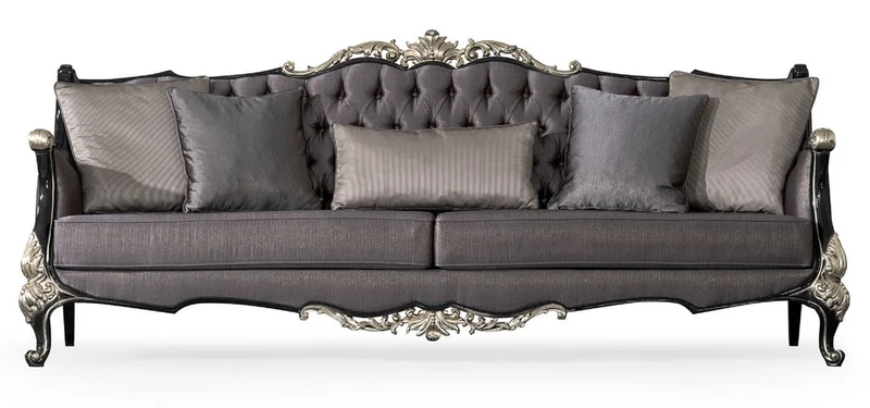 Casa Padrino Luxus Barock Wohnzimmer Sofa Lila / Schwarz / Silber - Prunkvolles Barockstil Sofa mit dekorativen Kissen - Luxus Wohnzimmer Möbel im Barockstil - Barock Möbel