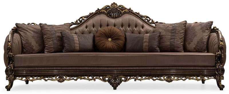Casa Padrino Luxus Barock Wohnzimmer Sofa Grau / Braun / Gold - Handgefertigtes Barockstil Sofa mit dekorativen Kissen - Luxus Wohnzimmer Möbel im Barockstil - Barock Möbel - Edel & Prunkvoll