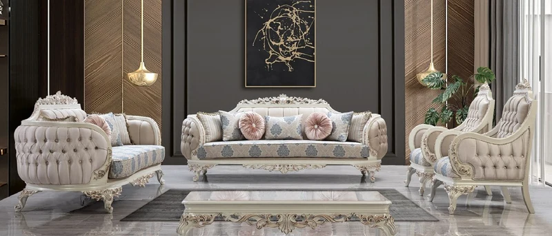 Casa Padrino Luxus Barock Wohnzimmer Set Mehrfarbig / Creamweiß / Kupfer - 2 Barock Sofas & 2 Barock Sessel & 1 Barock Couchtisch - Luxus Wohnzimmer Möbel im Barockstil - Barock Möbel