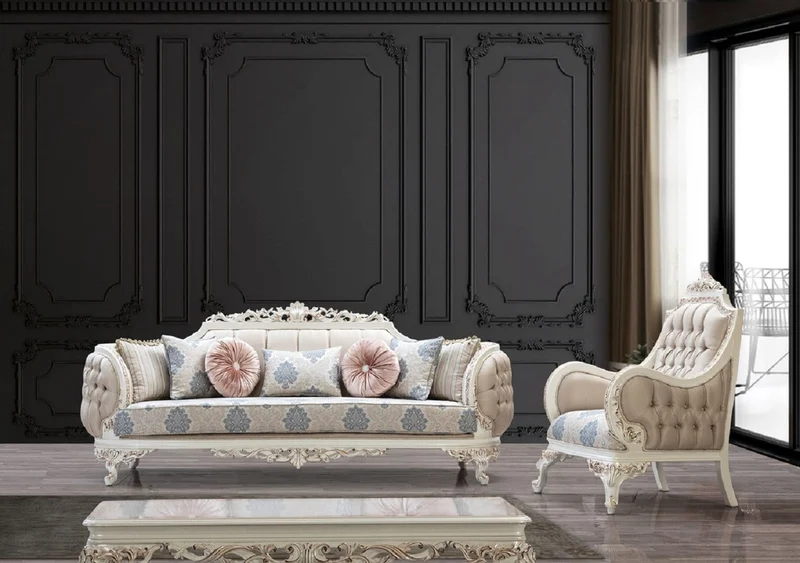 Casa Padrino Luxus Barock Wohnzimmer Set Mehrfarbig / Creamweiß / Kupfer - 2 Barock Sofas & 2 Barock Sessel & 1 Barock Couchtisch - Luxus Wohnzimmer Möbel im Barockstil - Barock Möbel