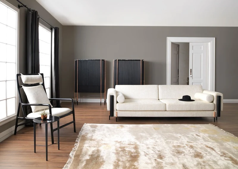 Casa Padrino Luxus Sofa Cremeweiß / Matt Schwarz / Kupfer 220 x 107 x H. 78 cm - Wohnzimmer Sofa - Hotel Sofa - Wohnzimmer Möbel - Hotel Möbel - Luxus Möbel - Luxus Einrichtung