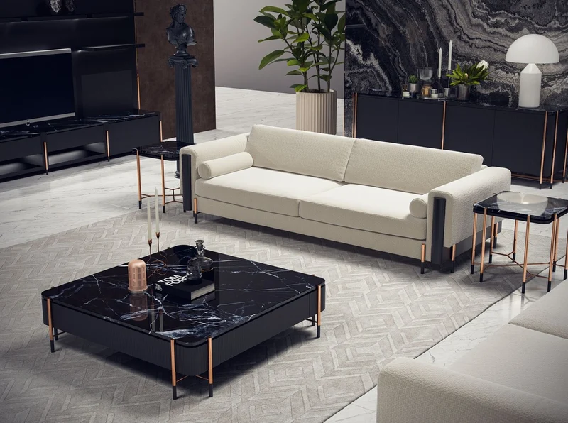 Casa Padrino Luxus Sofa Cremeweiß / Matt Schwarz / Kupfer 220 x 107 x H. 78 cm - Wohnzimmer Sofa - Hotel Sofa - Wohnzimmer Möbel - Hotel Möbel - Luxus Möbel - Luxus Einrichtung