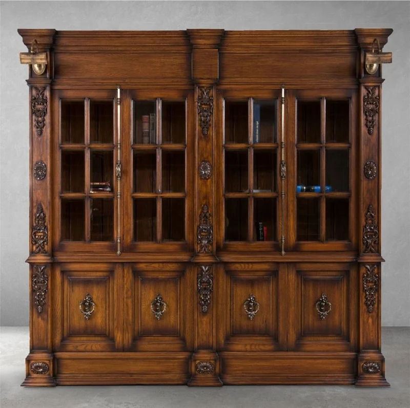Casa Padrino Luxus Landhausstil Bücherschrank Braun / Antik Messing 262,5 x 54 x H. 251 cm - Massivholz Schrank mit Beleuchtung - Wohnzimmerschrank - Büroschrank - Luxus Landhausstil Möbel