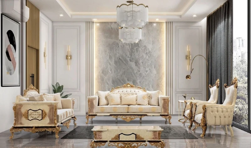 Casa Padrino Luxus Barock Sofa Weiß / Beige / Creme / Schwarz / Gold - Barockstil Wohnzimmer Sofa mit elegantem Muster - Luxus Wohnzimmer Möbel im Barockstil - Barock Möbel - Barock Einrichtung