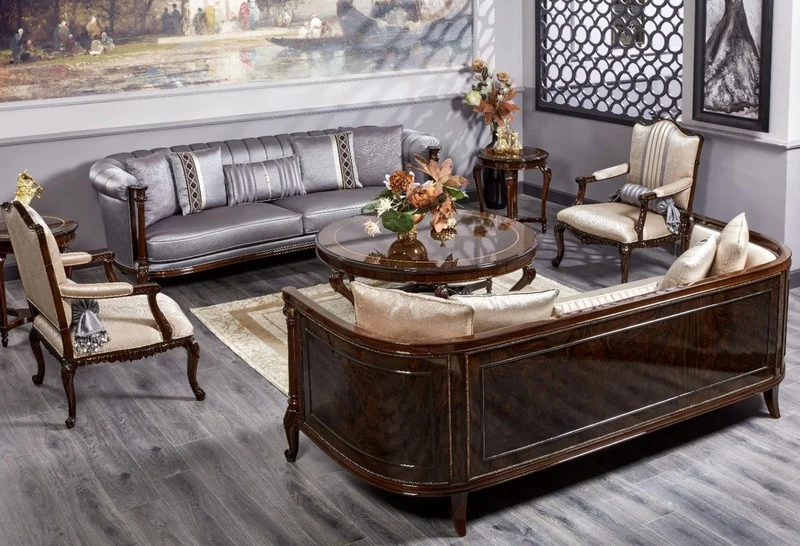 Casa Padrino Luxus Barock Sofa Silber / Dunkelbraun - Prunkvolles Wohnzimmer Sofa - Barockstil Wohnzimmer Möbel - Luxus Möbel im Barockstil - Barock Einrichtung - Edel & Prunkvoll