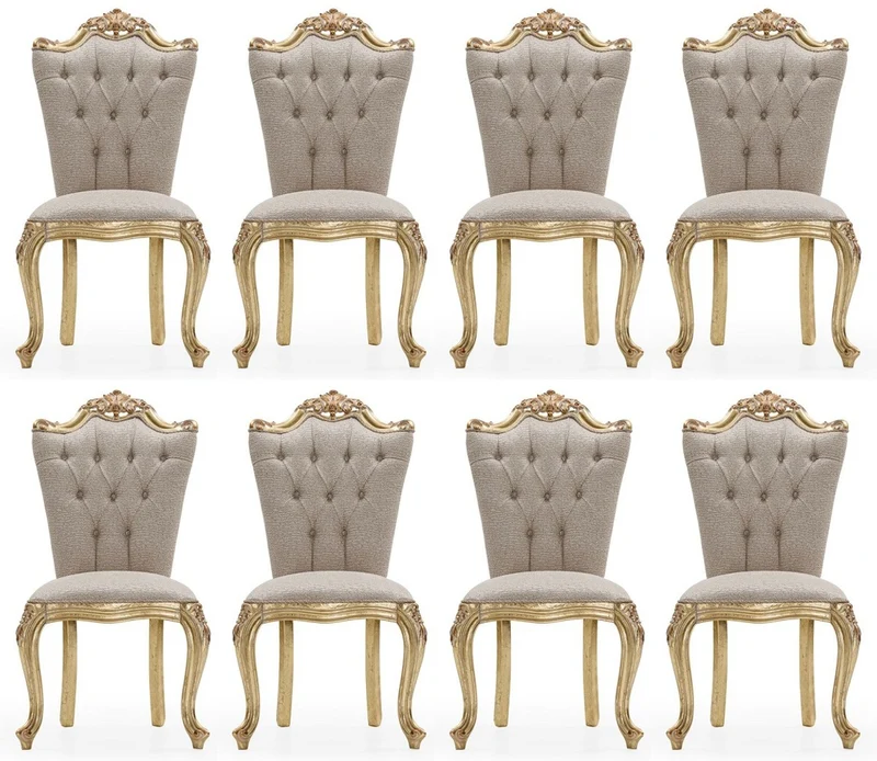 Casa Padrino Luxus Barock Esszimmer Stuhl 8er Set Grau / Gold - Prunkvolle Barockstil Küchen Stühle - Luxus Esszimmer Möbel im Barockstil - Barock Esszimmer Möbel - Barockstil Möbel