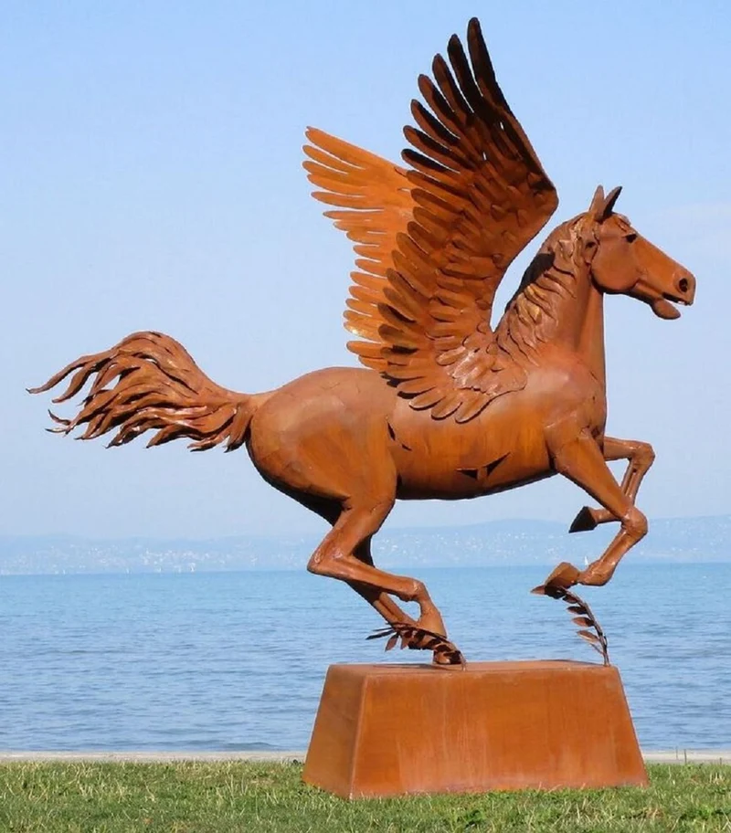 Casa Padrino Luxus Deko Skulptur Pegasus Pferd mit Sockel Rost 288 x 175 x H. 305 cm - Lebensgroße Stahl Skulptur - Riesige Garten Deko Figur - Garten Skulpturen - Metall Skulpturen