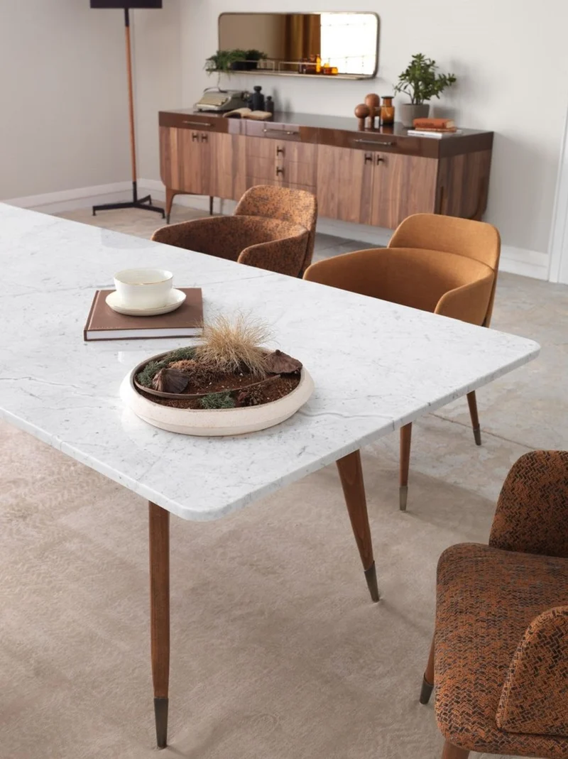 Casa Padrino Luxus Esstisch Weiß / Braun 240 x 100 x H. 75 cm - Rechteckiger Esszimmertisch mit Marmorplatte - Esszimmer Möbel - Luxus Möbel - Luxus Esszimmer Einrichtung