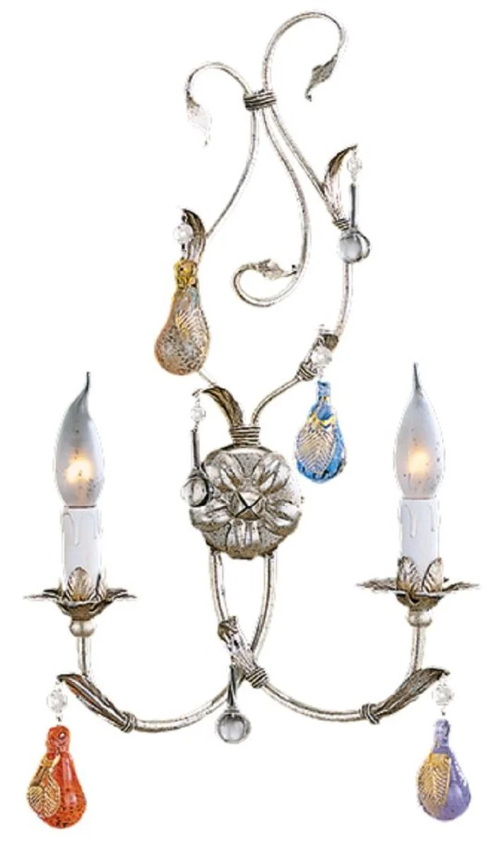 Casa Padrino Luxus Barock Doppel Wandleuchte Silber mit Patina / Mehrfarbig 32 x 13 x H. 52 cm - Elegante Barockstil Wandlampe mit Murano Glas - Barock Leuchten - Luxus Qualität - Made in Italy
