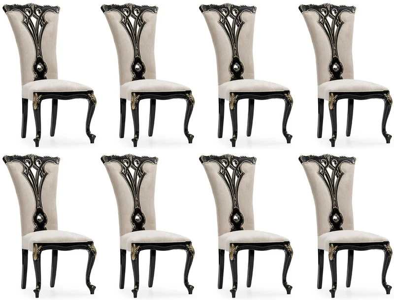 Casa Padrino Luxus Barock Esszimmer Stuhl 8er Set Creme / Schwarz / Gold - Prunkvolle Barockstil Küchen Stühle - Luxus Esszimmer Möbel im Barockstil - Barock Esszimmer Möbel - Barockstil Möbel