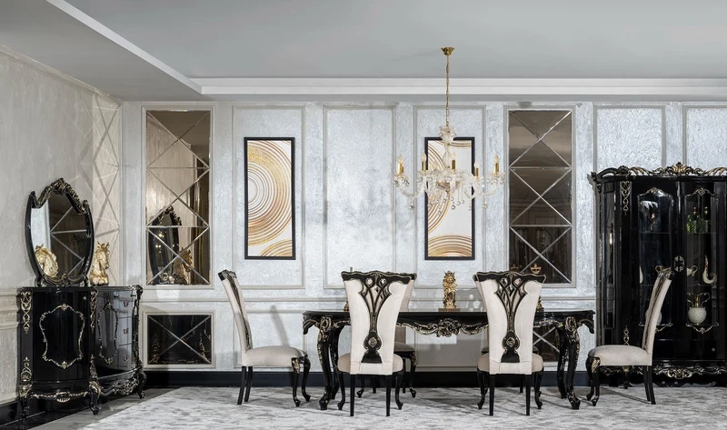 Casa Padrino Luxus Barock Esszimmer Stuhl 8er Set Creme / Schwarz / Gold - Prunkvolle Barockstil Küchen Stühle - Luxus Esszimmer Möbel im Barockstil - Barock Esszimmer Möbel - Barockstil Möbel
