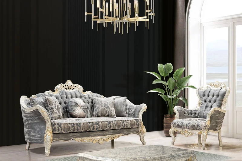 Casa Padrino Luxus Barock Sessel Grau / Antik Weiß / Gold - Prunkvoller Wohnzimmer Sessel mit elegantem Muster - Luxus Wohnzimmer Möbel im Barockstil - Barock Möbel - Barock Einrichtung