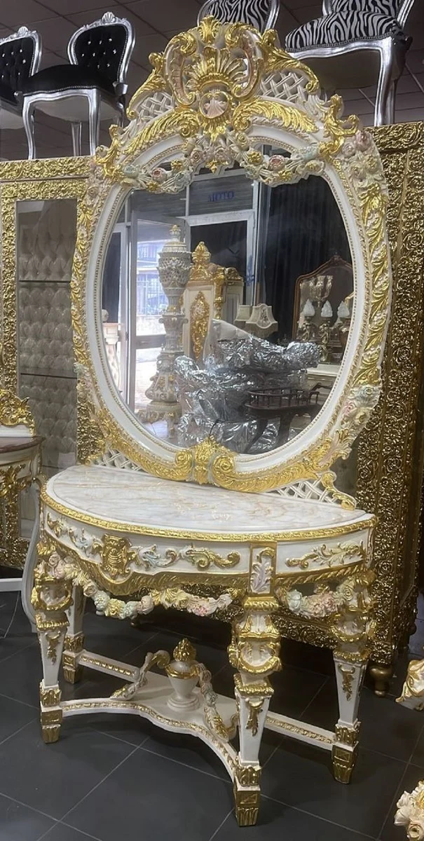 Casa Padrino Barock Spiegelkonsole mit Marmorplatte Weiß / Mehrfarbig / Gold - Prunkvolle Barock Konsole mit Spiegel - Garderoben Möbel Barockstil - Barock Möbel - Antik Stil Möbel