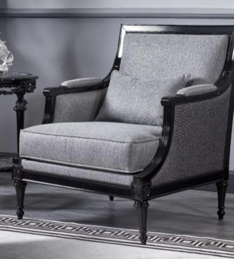 Casa Padrino Luxus Barock Sessel Grau / Schwarz - Prunkvoller Wohnzimmer Sessel - Barockstil Wohnzimmer Möbel - Luxus Möbel im Barockstil - Barock Einrichtung - Edel & Prunkvoll