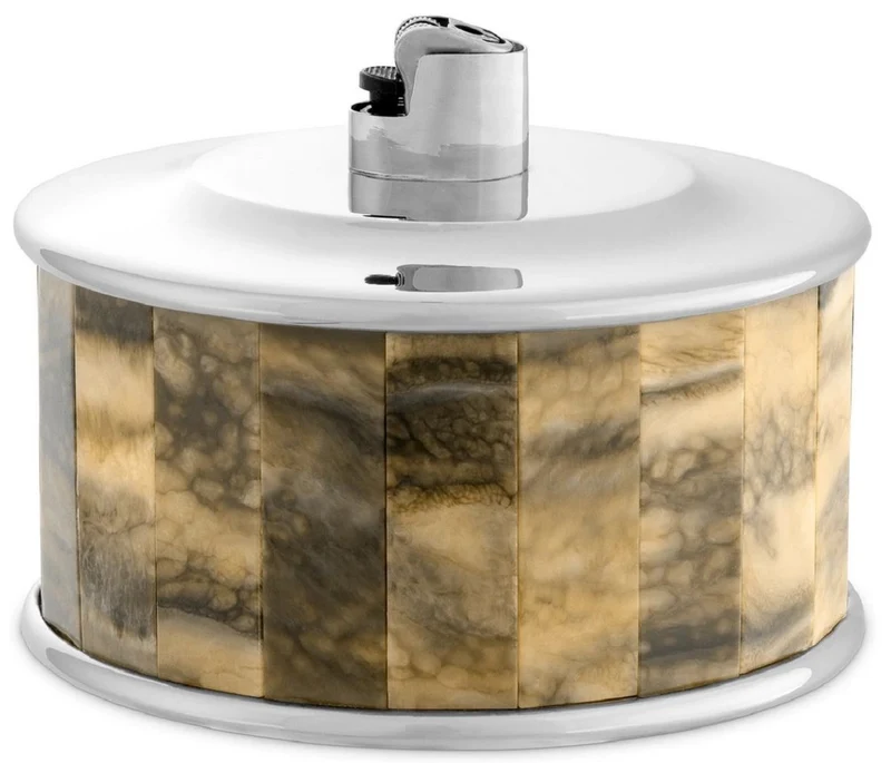 Casa Padrino Luxus Feuerzeughalter Silber / Braun Ø 13 x H. 10 cm - Runder dekorativer Feuerzeughalter - Deko Accessoires - Luxus Qualität