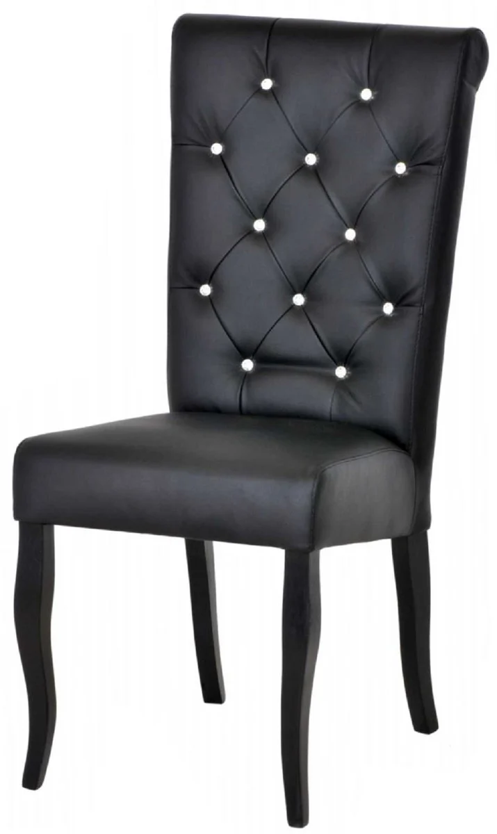 Casa Padrino Chesterfield Neo Barock Esszimmer Stuhl Schwarz / Schwarz - Kunstleder Küchen Stuhl mit Glitzersteinen - Esszimmer Möbel - Chesterfield Möbel - Neo Barock Möbel