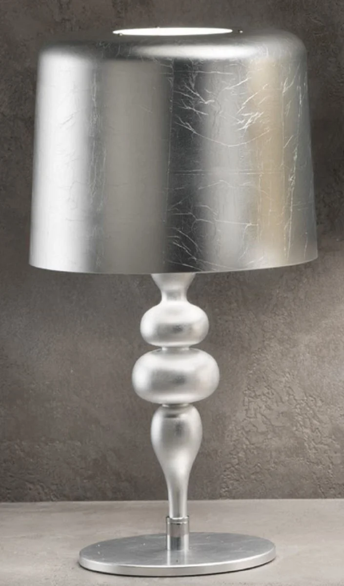 Casa Padrino Luxus Art Deco Tischleuchte Silber Ø 50 x H. 180 cm - Runde Art Deco Schreibtischleuchte mit Aluminium Lampenschirm - Luxus Tischleuchten - Luxus Qualität - Made in Italy