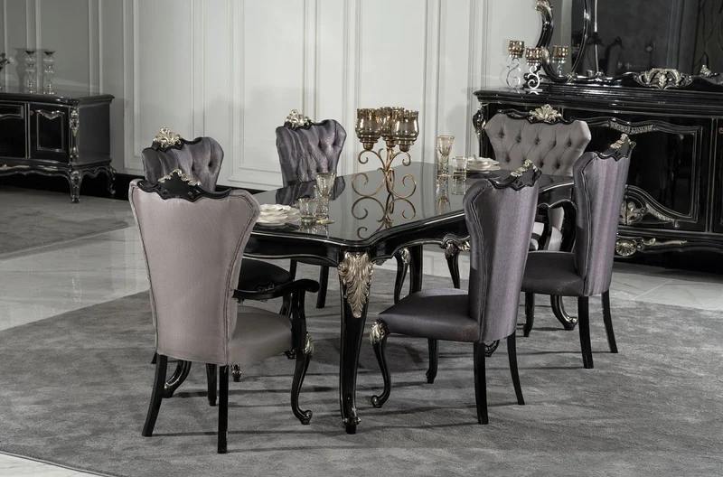 Casa Padrino Luxus Barock Esszimmer Stuhl 4er Set mit Armlehnen Silber / Schwarz / Silber - Prunkvolle Barockstil Küchen Stühle - Luxus Barock Esszimmer Möbel - Edel & Prunkvoll