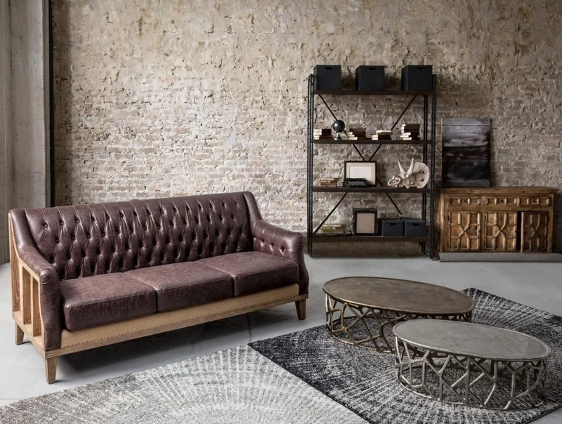 Casa Padrino Luxus Chesterfield Kunstleder Sofa Dunkelbraun / Naturfarben 194,5 x 85 x H. 85 cm - Wohnzimmer Sofa - Wohnzimmer Möbel - Chesterfield Möbel - Luxus Möbel - Luxus Einrichtung