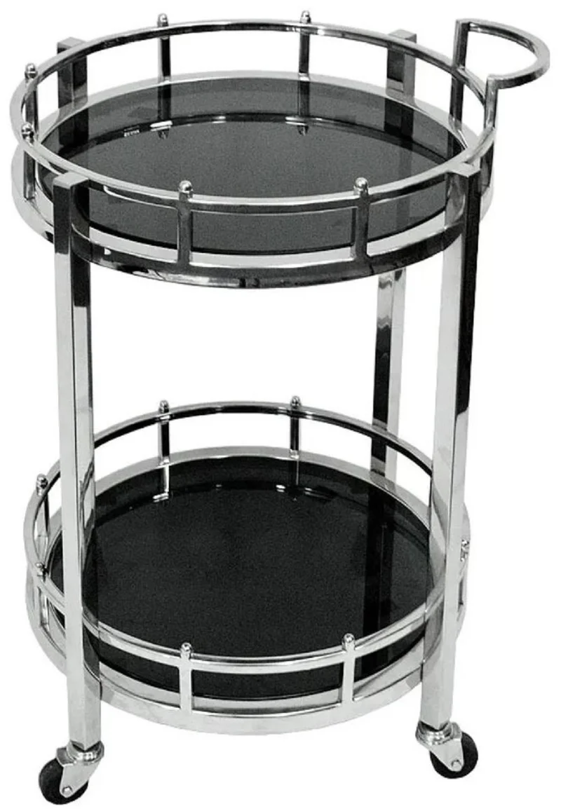 Casa Padrino Servierwagen Silber / Schwarz Ø 50 x H. 78 cm - Runder Metall Trolley mit Glasplatten - Hotel Restaurant Gastronomie Trolley - Hotel & Restaurant Accessoires